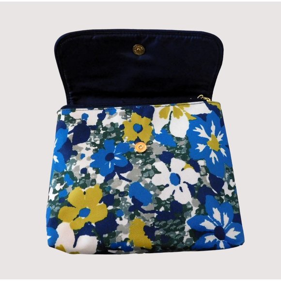 Estee Lauder Floral Print Large Cosmetic Bag Blue Green White Floral Zipper Snap - Picture 2 of 5